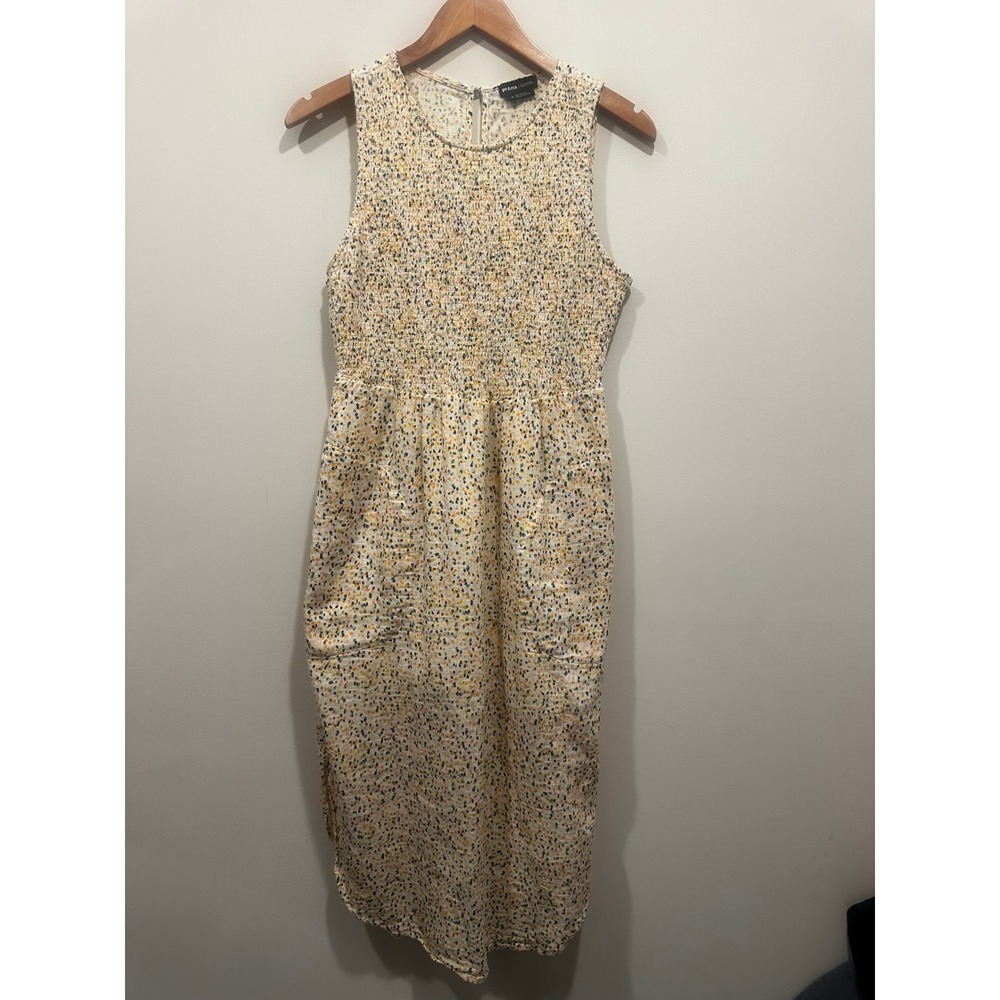 Prana Organic Cotton Smocked Midi Dress Multi Color Speckled Print Size Small
